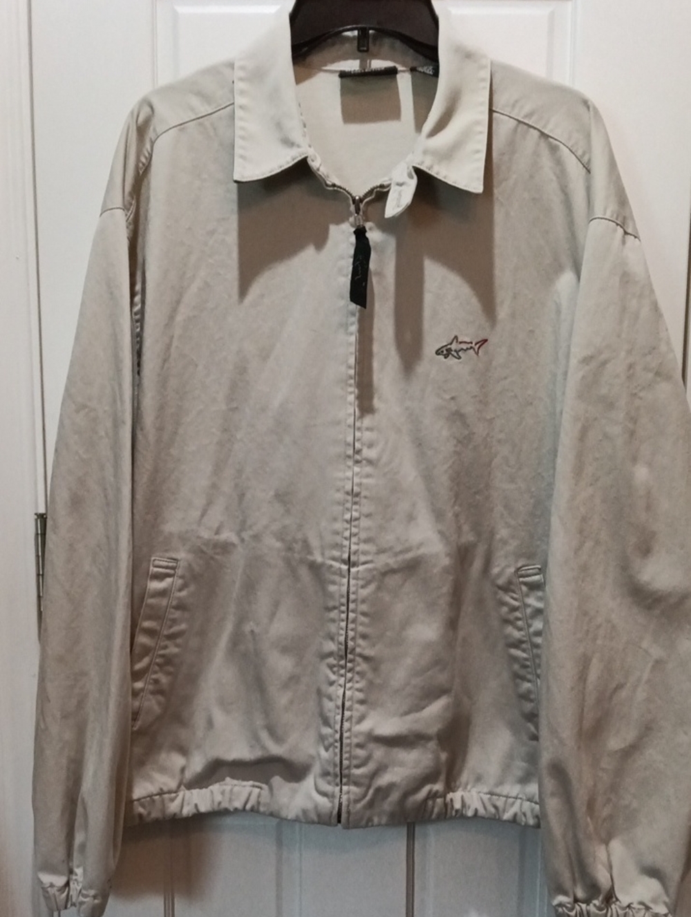 Greg Norman Collection Light Beige Zip Front Jacket with Shark Emblem